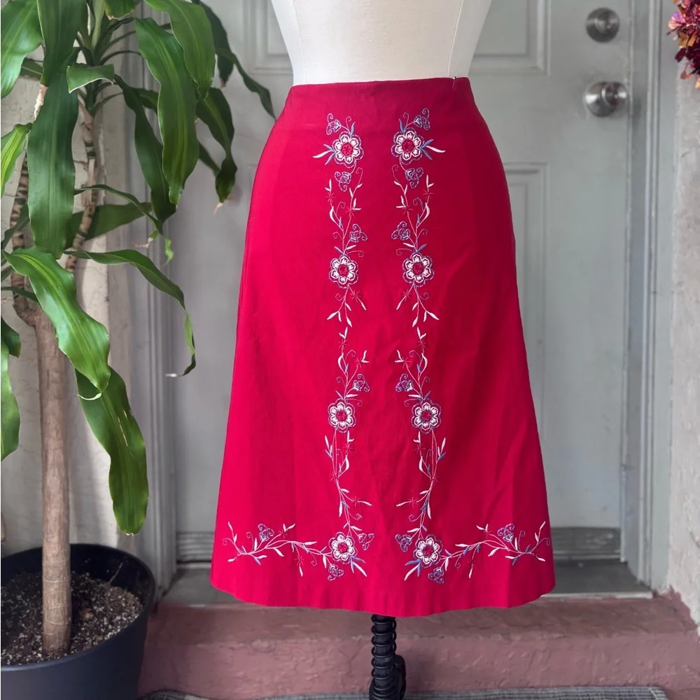 Poleci Embroidered Skirt Womens Sz 8 Vintage Stretch Red Made In USA 90s 80s